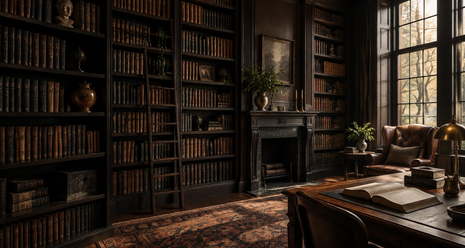 An elegant literary reading room lined with books