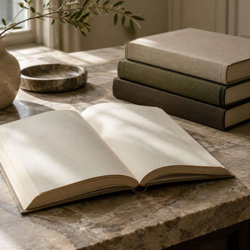 An open book and hardcover volumes in natural daylight